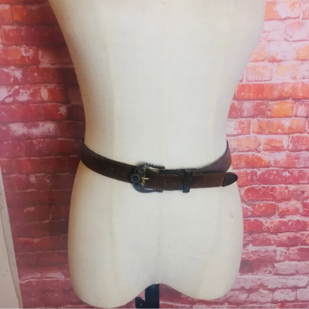 Brown Suede Leather Western Style Belt with Floral Brass Buckle